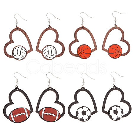 FIBLOOM 4 Pairs 4 Styles Sport Theme Wood Heart Dangle Earrings for Women EJEW-FI0001-55-1