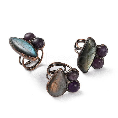 Horse Eye & Round Natural Amethyst & Labradorite Adjustable Rings RJEW-A041-05R-1