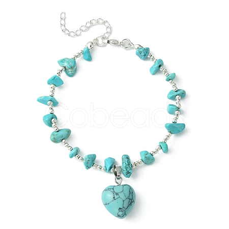 Synthetic Turquoise Heart Charm Bracelet with Chips Beaded Chains BJEW-TA00295-03-1