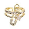 Rack Plating Brass Micro Pave Cubic Zirconia Paper Clip Open Cuff Rings for Women RJEW-C080-02G-2