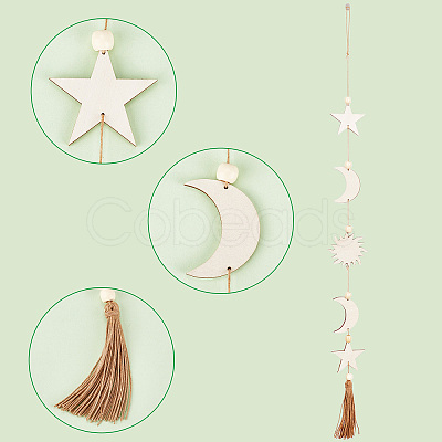 Star Moon Bohemian Style Wooden Pendant Decorations HJEW-WH0053-12-1