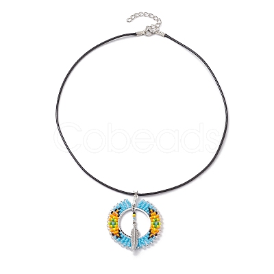 Boho Style Glass Seed Beads & Feather Alloy Pendant Necklaces NJEW-MZ00041-1