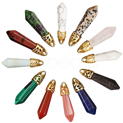 12Pcs 12 Style Bullet Natural Mixed Gemstone Pointed Pendants G-SZ0001-65-1