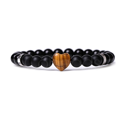 Natural Tiger Eye & Glass Heart Beaded Stretch Bracelet PW-WG20984-03-1