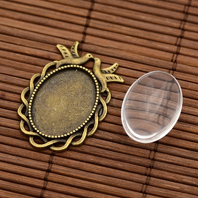 Vintage Tibetan Style Alloy Bird Pendant Cabochon Bezel Settings and Transparent Oval Glass Cabochons DIY-X0229-AB-NF-1