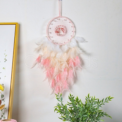 Iron & Natural Rose Quartz Woven Web/Net with Feather Pendant Decorations PW-WG59818-02-1