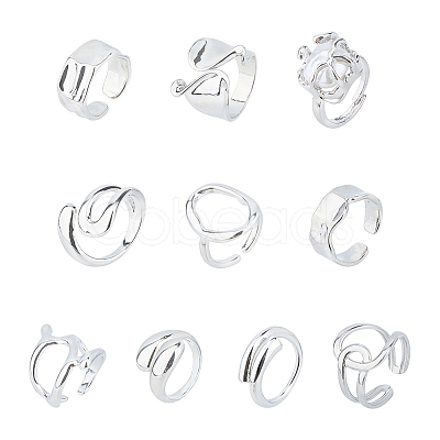 FIBLOOM 10Pcs 10 Style Alloy & Titanium Steel Open Cuff Ring RJEW-FI0001-13-1