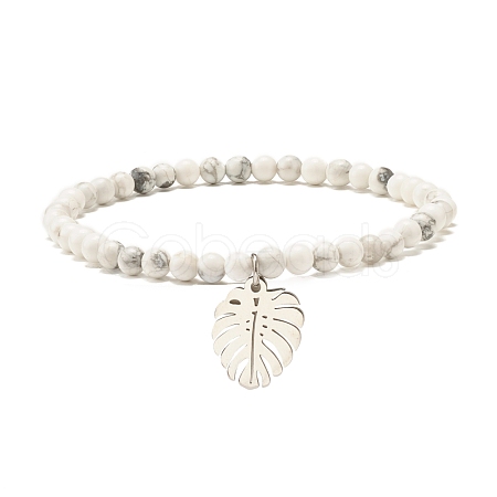 Natural Howlite Round Beaded Stretch Bracelet with Leaf Charm BJEW-JB07587-01-1