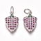 Brass Micro Pave Cubic Zirconia Charms, with Jump Rings, Strawberry, Magenta, Platinum, 13x8x3mm, Hole: 3mm