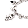 201 Stainless Steel Heart & Hamsa Hand Charm Bracelet with Curb Chain for Women STAS-P304-29P-2