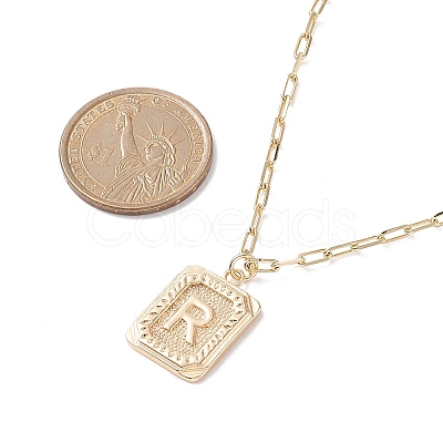 Brass Rectangle with Initial Letter Pendant Necklace with Paperclip Chains for Men Women NJEW-JN04007-1