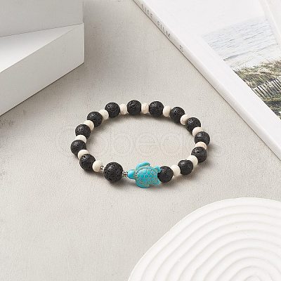 Dyed Synthetic Turquoise(Dyed) Tortoise & Natural Lava Rock Beaded Stretch Bracelet for Women BJEW-JB09229-02-1