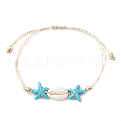 Synthetic Turquoise & Cowrie Shell Braided Starfish & Shell Shape Bead Bracelets for Women BJEW-JB10197-02-1