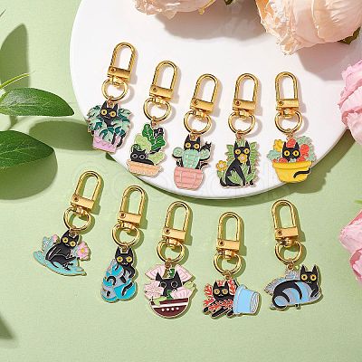 10Pcs 10 Styles Plant with Cat Alloy Enamel Pendant Decorations HJEW-JM01944-1