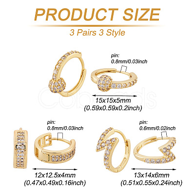 PandaHall Jewelry 3 Pairs 3 Style Round & Lightning Bolt & Square Cubic Zirconia Huggie Hoop Earrings EJEW-PJ0001-03-1