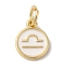 Real 18K Gold Plated Brass Enamel Charms, with Jump Ring, Long-Lasting Plated, Lead Free & Cadmium Free, Flat Round with Libra Charms, White, 10x8x1mm, Hole: 4mm