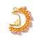 Faceted Round Natural Sunstone & Glass Seed Beads Pendants, Alloy Moon with Star Charms, Golden, 23.8x21.5x2.3mm, Hole: 1.6mm