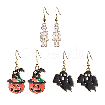 3Pairs 3 Styles Halloween Alloy Enamel Dangle Earrings EJEW-JE05823-1