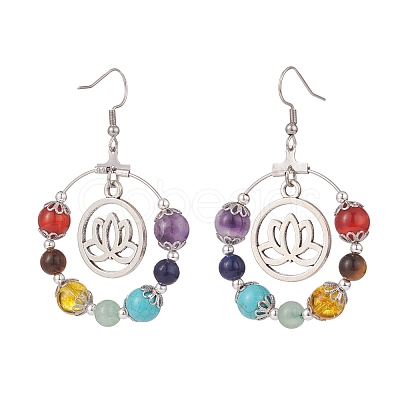 Natural & Synthetic Mixed Gemstone Beaded Big Ring with Alloy Lotus Dangle Earrings EJEW-TA00117-1