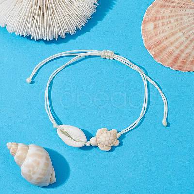 Synthetic Turquoise Turtle & Natural Shell Braided Bead Bracelet BJEW-JB09814-02-1