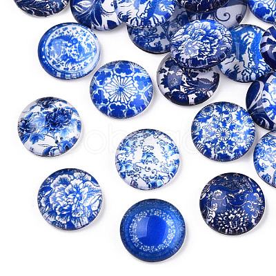 Blue and White Floral Printed Glass Flatback Cabochons X-GGLA-A002-12mm-XX-1