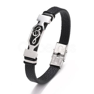 Stainless Steel Musical Note Link Bracelet with Leather Cords for Men PW-WG93702-01-1