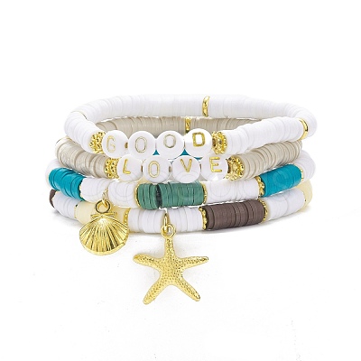 4Pcs 4 Style Handmade Polymer Clay Heishi Surfer Stretch Bracelets Set with Alloy Shell Starfish Charm BJEW-JB07759-1