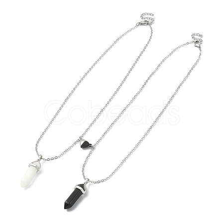 2Pcs 2 Style Natural Black Obsidian & White Jade Bullet Pendant Necklaces Set NJEW-TA00095-02-1