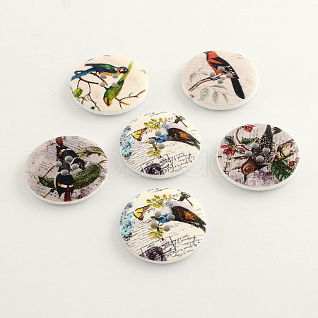 4-Hole Bird Pattern Printed Wooden Buttons BUTT-R030-02-1