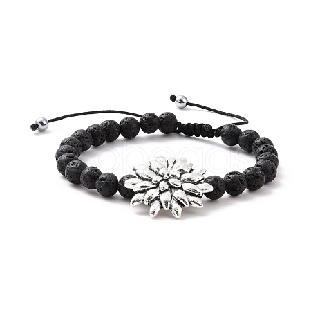 Natural Lava Rock & Synthetic Hematite Braided Bead Bracelet with Alloy Lotus BJEW-JB08466-1
