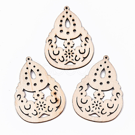 Undyed Natural Hollow Wooden Big Pendants WOOD-N007-109-1