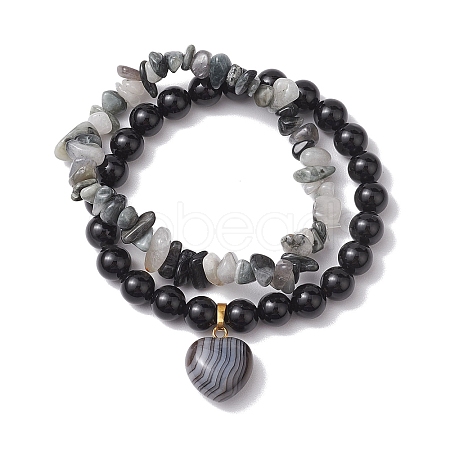 2pcs 2 Styles 6mm Round & Chip Natural Black Agate Beaded Stretch Bracelet Sets BJEW-TA00517-04-1