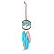 Iron & Synthetic Turquoise Woven Web/Net with Feather Pendant Decorations, Flat Round with Tree, 75mm