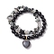 2pcs 2 Styles 6mm Round & Chip Natural Black Agate Beaded Stretch Bracelet Sets, Heart Charm Stackable Bracelets for Women, Inner Diameter: 2-1/8~2-3/8 inch(5.5~6cm), 1pc/style