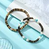 2Pcs 2 Style Synthetic Turquoise Round & Natural Coconut Disc Beaded Stretch Bracelets Set BJEW-JB09807-3