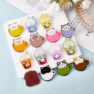 14 Pieces Acrylic Brooch Pins Set Cup Cat and Animal Milk Tea Label Pins Cute Cartoon Animal Badges Pins Creative Backpack Pins Jewelry for Jackets Clothes Hats Decorations JBR111A-1