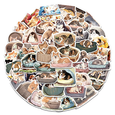 50Pcs Sleepy Dog Cat PVC Waterproof Self-Adhesive Stickers PW-WG75497-01-1