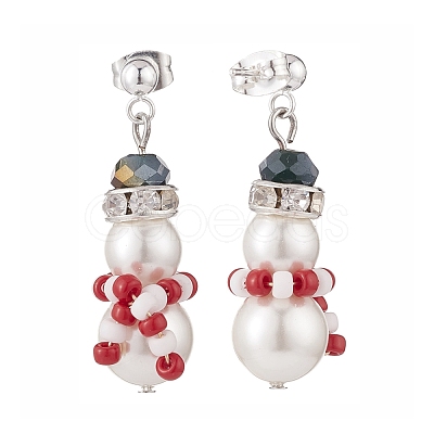 Shell Pearl & Glass Braided Christmas Snowman Dangle Stud Earrings EJEW-TA00089-1