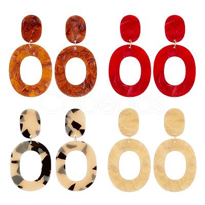 ANATTASOUL 4 Pairs 4 Colors Hollow Oval Acrylic Dangle Stud Earrings for Women EJEW-AN0004-36-1