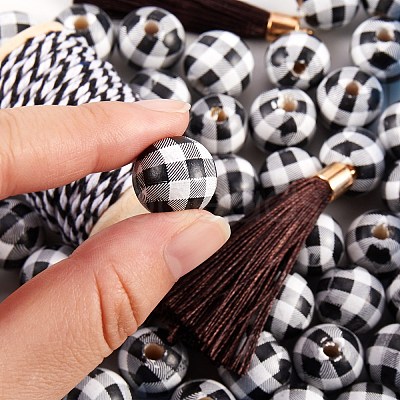 50Pcs Natural Wooden Beads with Tartan Pattern DIY-SZ0003-11A-1