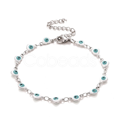 Enamel Heart with Evil Eye Link Chains Bracelet BJEW-P271-07P-1