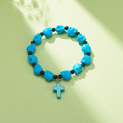 Natural Mashan Jade Skull Beaded Stretch Bracelet with Synthetic Turquoise(Dyed) Cross Charm BJEW-JB08378-04-1