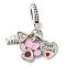 Rack Plating Alloy Crystal Rhinestone European Dangle Charms, Large Hole Heart & Fish Bone & Paw Print Pendants with Enamel, Cadmium Free & Nickel Free & Lead Free, Platinum, Pearl Pink, 29mm, Hole: 5mm