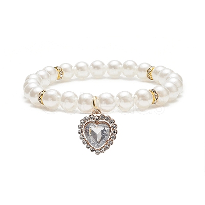 Acrylic Pearl Round Beaded Stretch Bracelet with Alloy Rhinestone Heart Charms for Women BJEW-JB09232-01-1