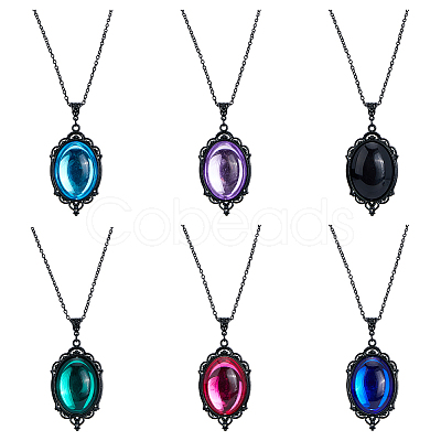 FIBLOOM 6Pcs 6 Colors Glass Oval Pendant Necklaces Set with Black Alloy Chains NJEW-FI0001-46-1