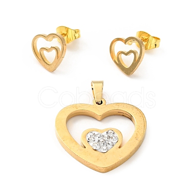 Double Heart Stud Earrings with 316 Stainless Steel Pins and Crystal Rhinestone Pendant SJEW-F218-02G-1