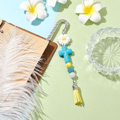 Silicone & Acrylic Cross Flower Tassel Bookmarks AJEW-JK00321-1