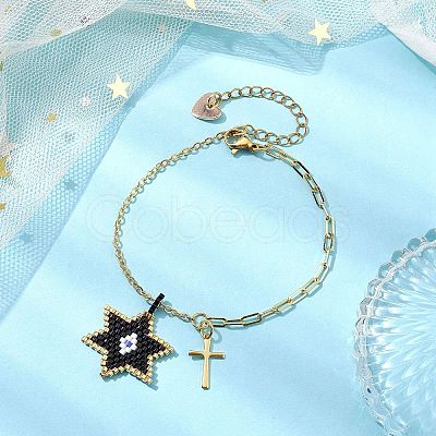 Glass Seed Star & Brass Cross Charm Bracelets BJEW-MZ00044-1