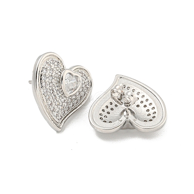 Heart Brass Pave Clear Cubic Zirconia Stud Earrings EJEW-M258-32P-1