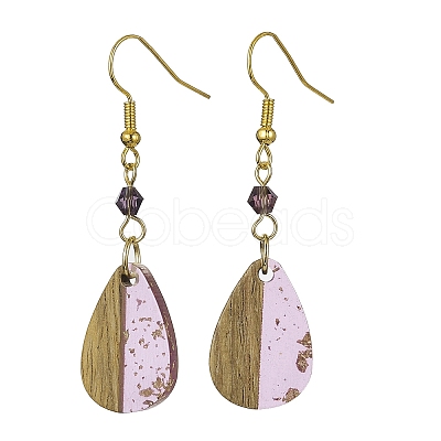 Transparent Resin & Walnut Wood Teardrop Pendant Dangle Earrings EJEW-JE05490-1